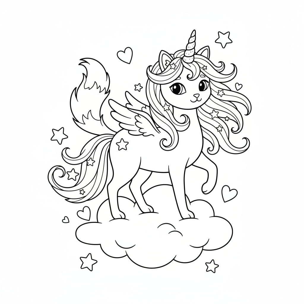 Whimsical Cat Unicorn Coloring Page