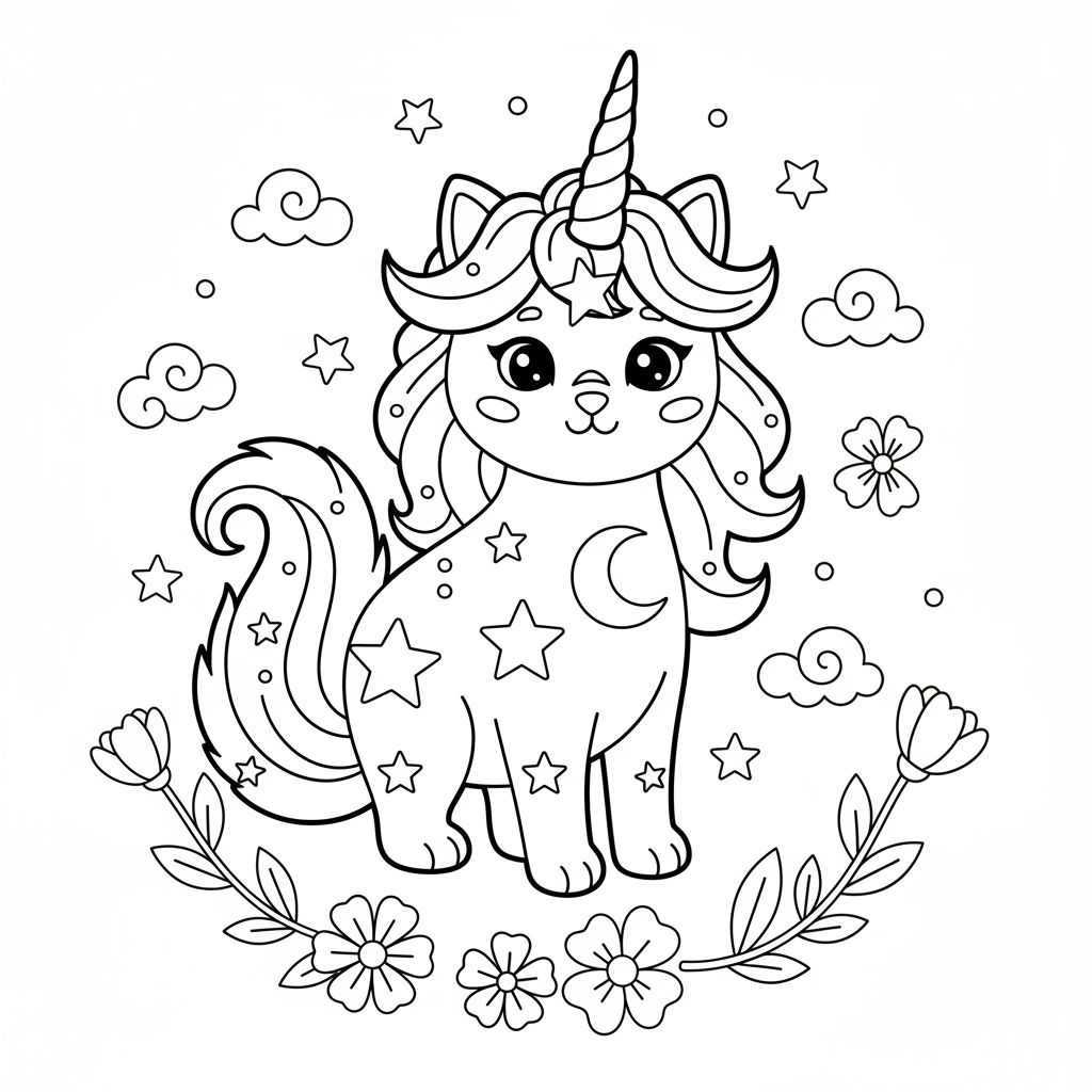 Enchanting Cat Unicorn Coloring Page