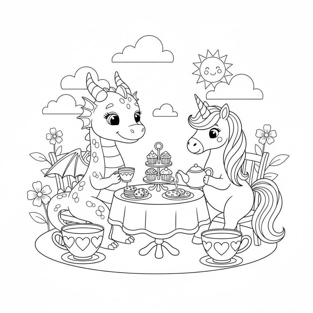 Whimsical Dragon & Unicorn Tea Party Coloring Fun