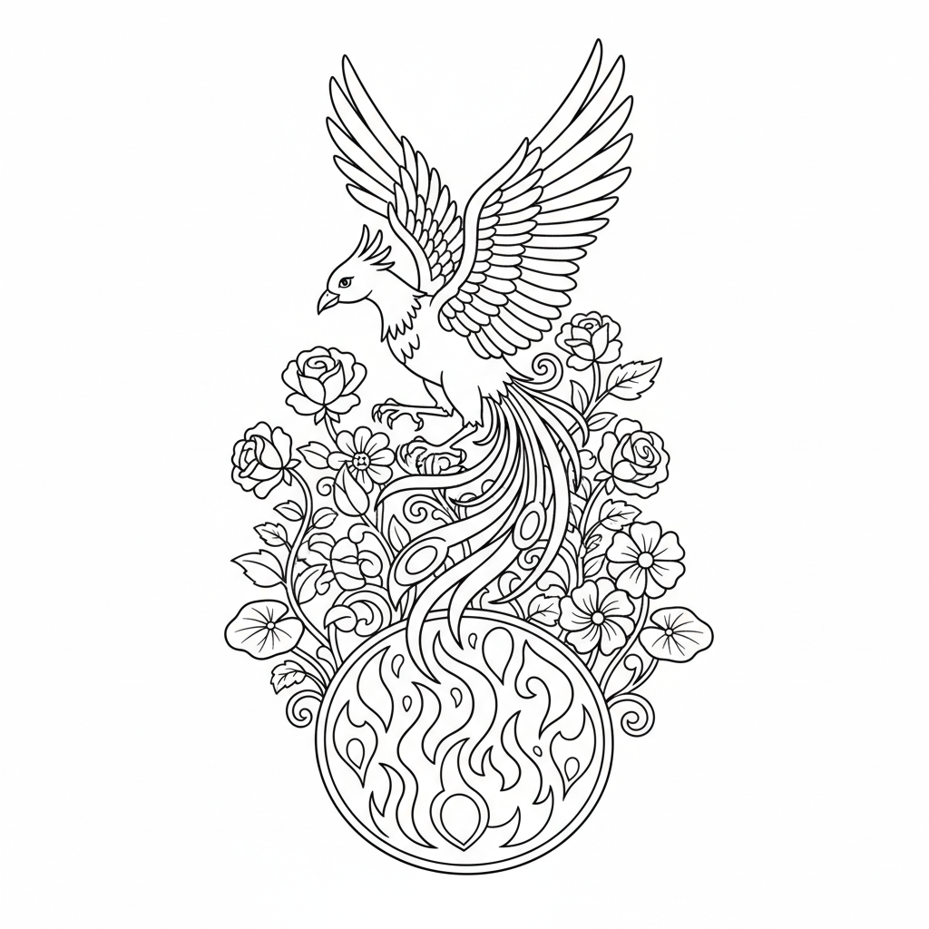Colorful Phoenix Rising from Blooming Flowers