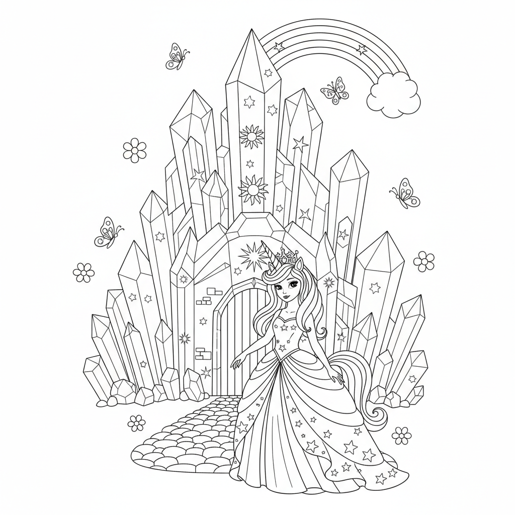 Enchanting Unicorn Princess in Crystal Castle Coloring Page