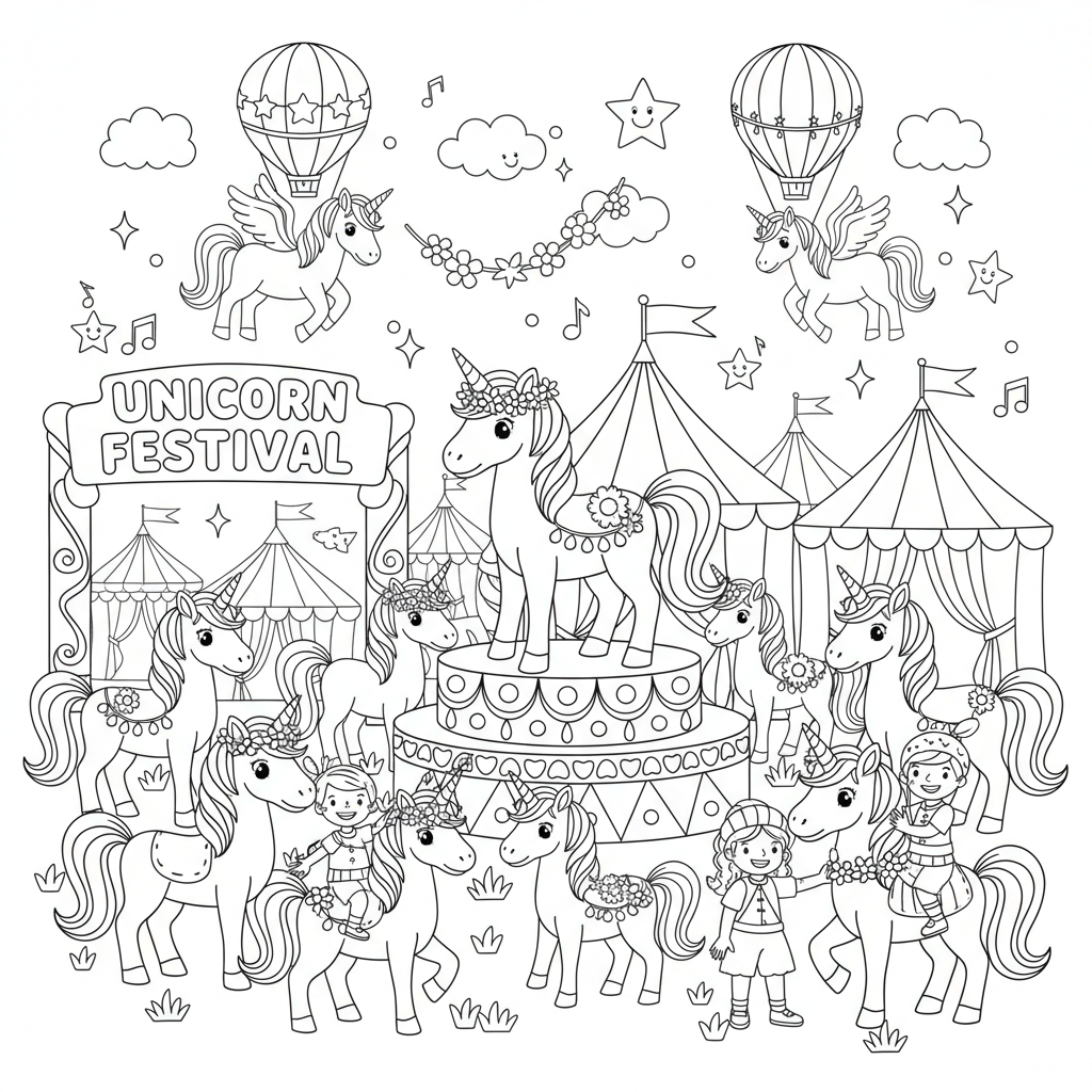Whimsical Unicorn Festival Coloring Page