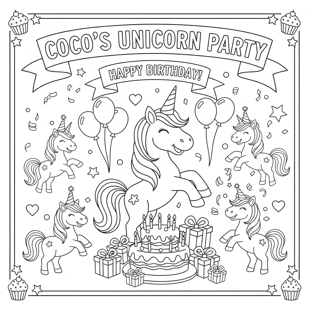 Unicorn Birthday Party Coloring Page - Coco's Adventure