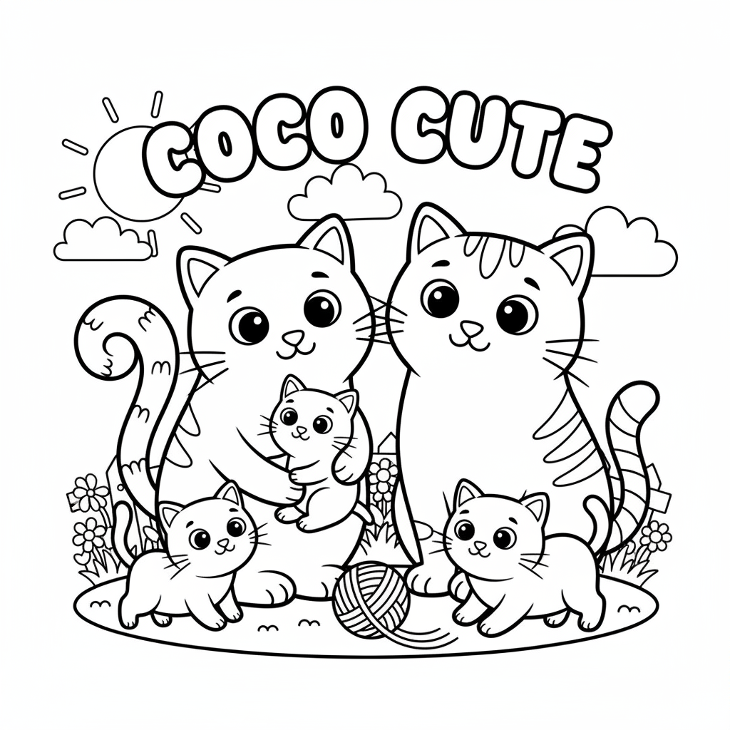 Coco Cute's Adorable Cat Family Coloring Page