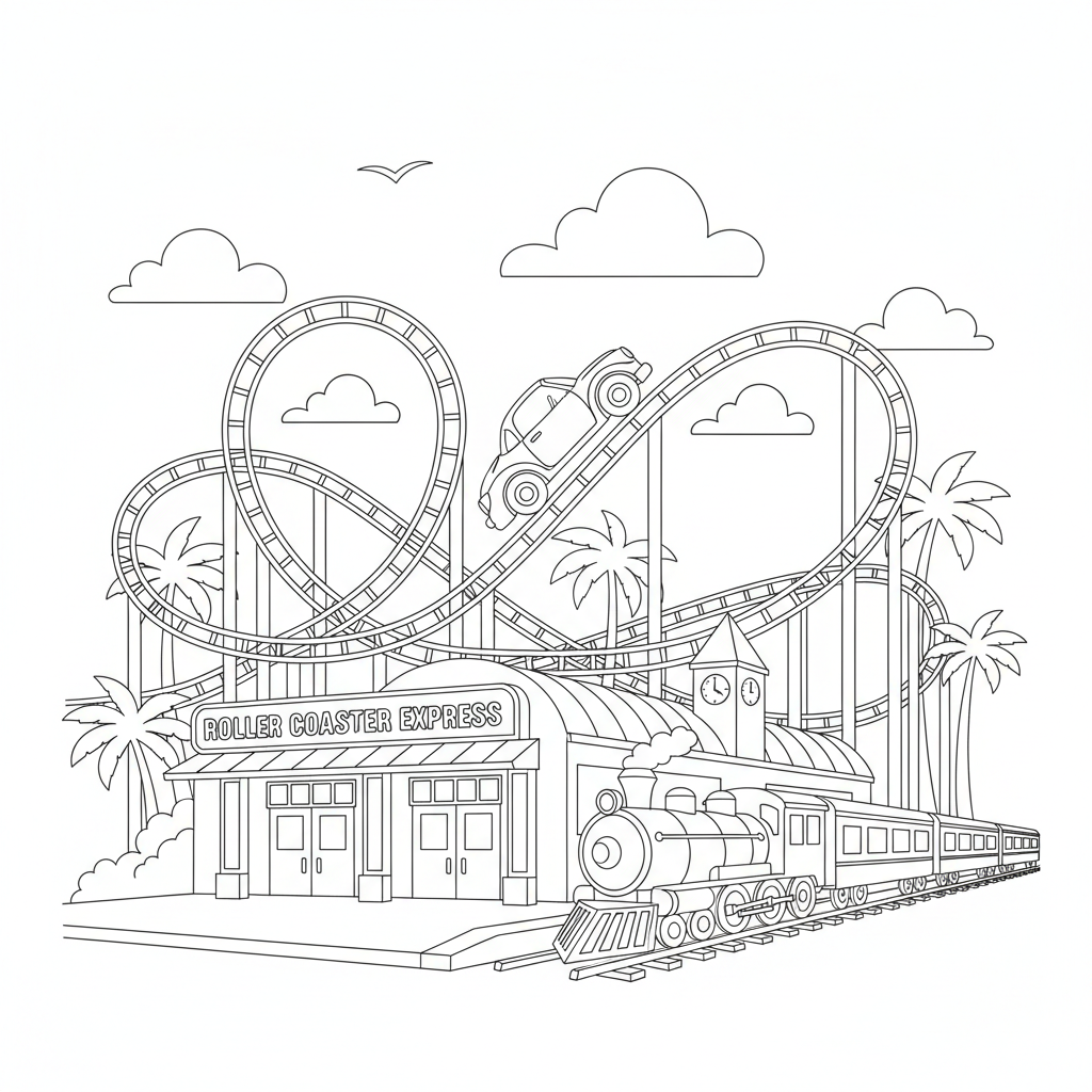 Thrilling Roller Coaster Adventure Coloring Page