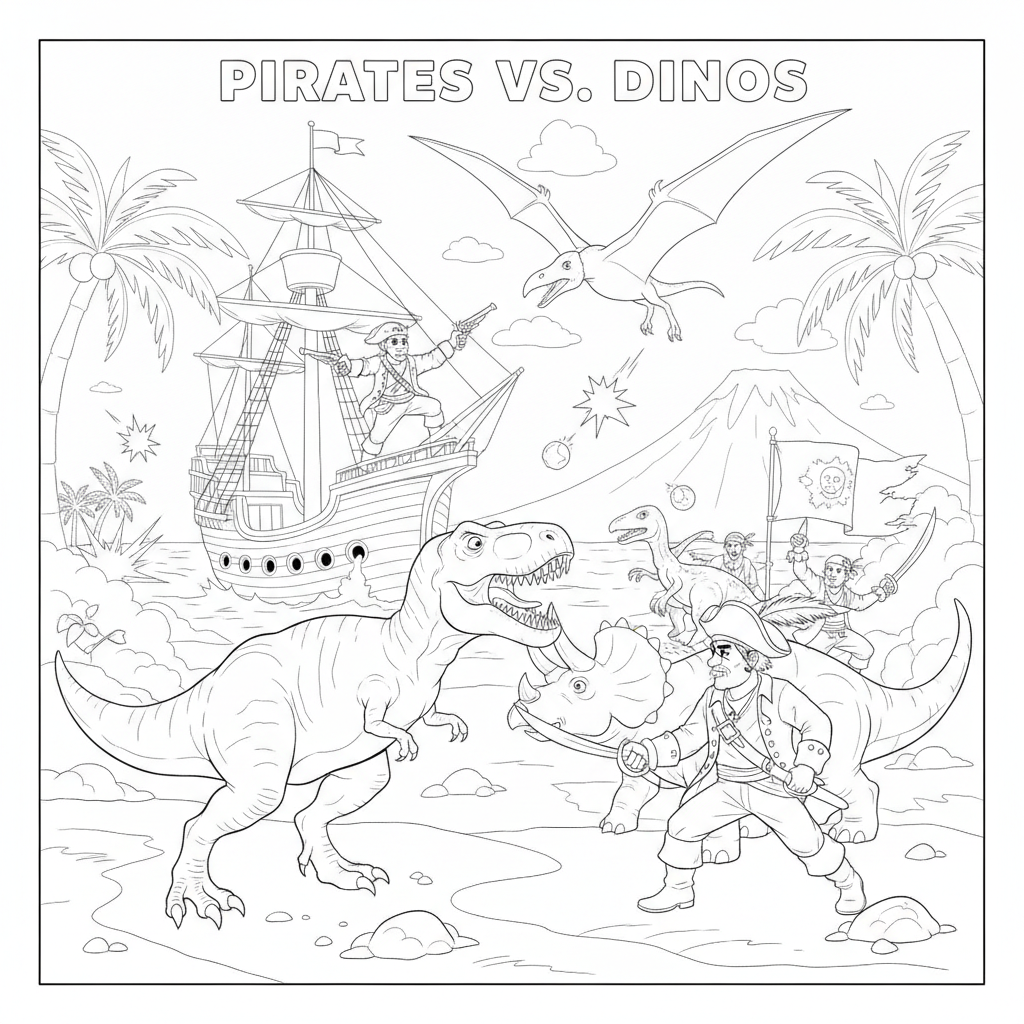 Pirates vs Dinosaurs: Epic Battle Coloring Page