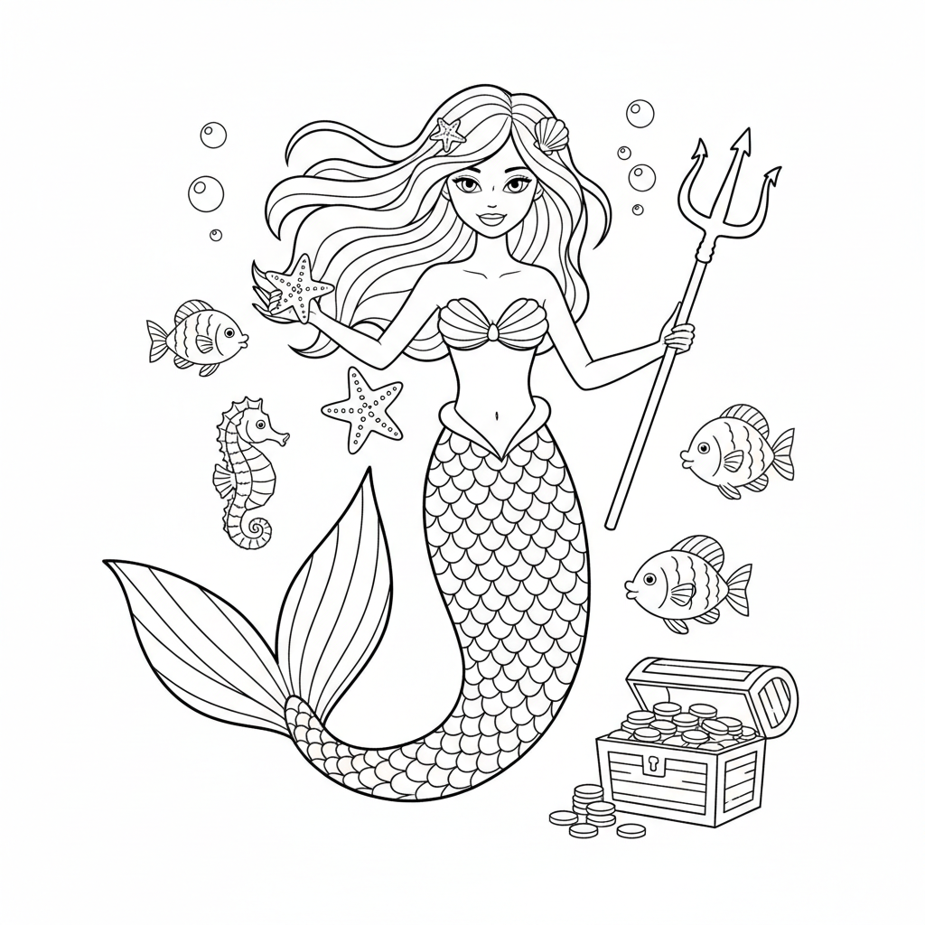 Enchanting Mermaid Thin Line Coloring Page