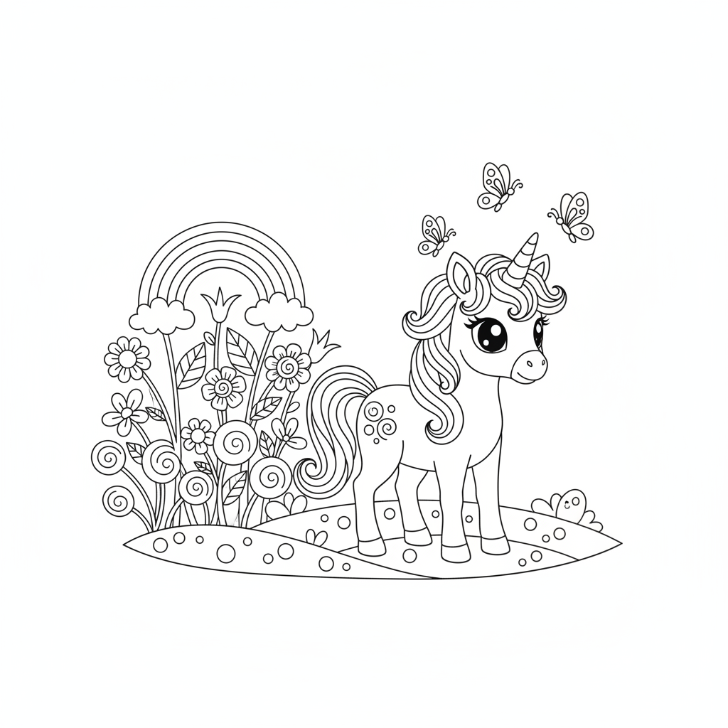 Enchanting Baby Unicorn in a Rainbow Flower Garden